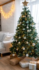 Obraz premium A festive setting features a beautifully decorated tree and an inviting armchair, perfect for holiday gatherings and relaxation