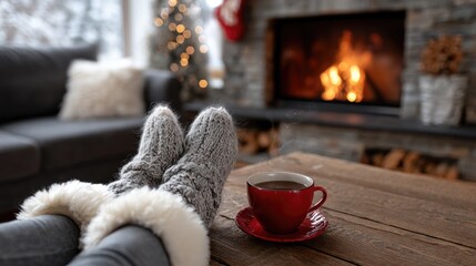 Feet in warm, patterned socks rest on a cozy couch with a cup of coffee nearby, while a crackling fire adds to the comfort of the scene