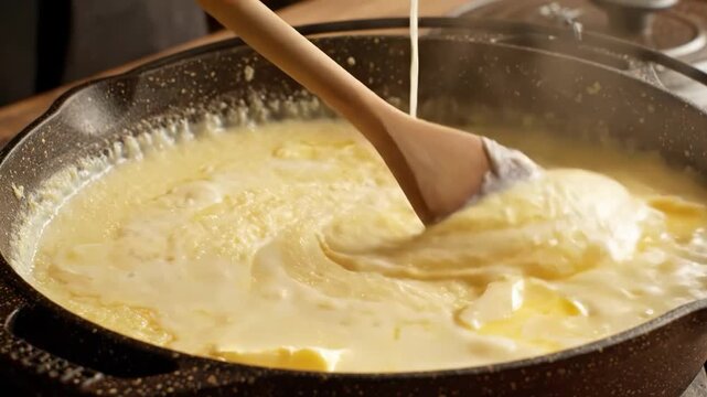 Making creamy grits or polenta in a cast iron skillet with butter and milk