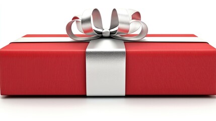 A beautifully wrapped red gift box with a shiny silver ribbon sits on a light background, perfect for any festive event