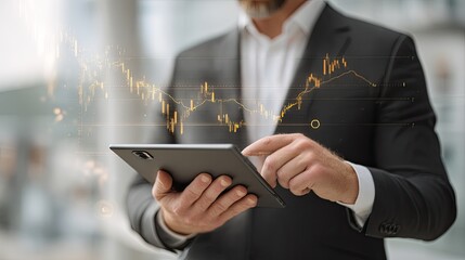A business professional uses a tablet to analyze various charts and graphs, showcasing data insights in a modern workspace