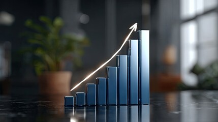 A 3D bar chart shows rising trends with a golden arrow pointing upward, set against a dark backdrop, suggesting growth and success