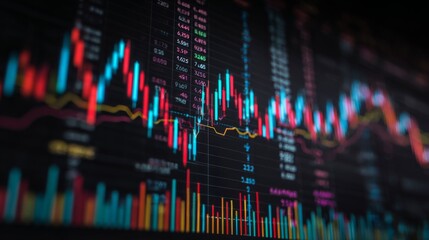 Dynamic Financial Chart with Colorful Candlestick Analysis and Market Trends on Dark Background for Investment and Trading Insights