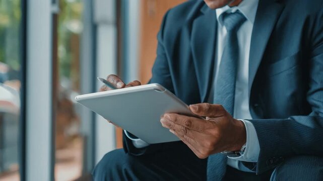 Professional attorney using AIpowered legal assistant app on a tablet reviewing contract details during office consultation.