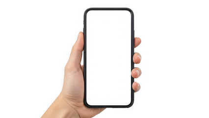 Hand holding smartphone isolated on transparent background