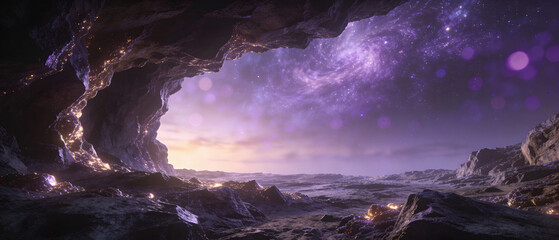 Naklejka premium Enigmatic glowing cave portal revealing a fantastical alien landscape bathed in cosmic purple light