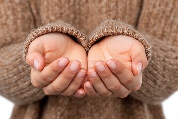 Woman offering or holding something in her open palms on a white background, showing vulnerability or giving gesture