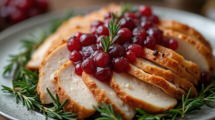 Close up of sliced roasted turkey with cranberry sauce and rosemary on a silver plate 

