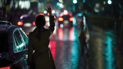 Woman Hailing a Taxi in the Rain at Night
