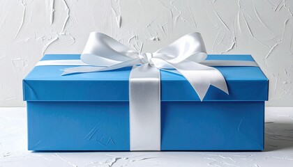 Gift Box Presentation: An eye-level shot showcases a vibrant blue gift box, intricately adorned with a pristine white bow, radiating a sense of elegance and celebration.