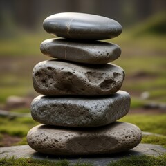 A stack of five smooth, grey-brown stones perfectly balanced on a mossy forest floor, creating a serene natural composition.
