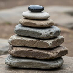 A perfectly balanced stack of smooth, flat river stones, with a small dark stone on top, set against a blurred natural background.