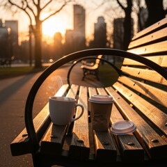 Two coffee cups on a wooden park bench bathed in warm golden hour sunlight with city buildings in the background, creating a peaceful urban scene.