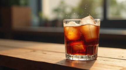 Iced coffee in a glass with condensation on a wooden table in a blurred background 

