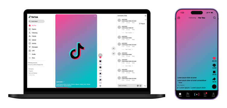 TikTok application interface displayed on laptop and smartphone highlighting vertical video feed, foryou page, engagement icons, comments panel, and modern social media interaction design