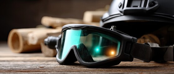 A table displays various military gear, including a helmet, goggles, and night vision binoculars during a demonstration