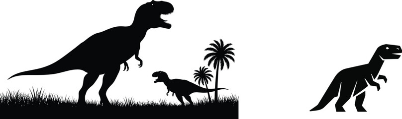 Two Black Dinosaur Silhouettes with Foliage and a Small Figure