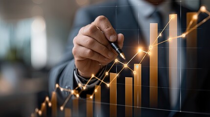 Business expert highlights a rising trend on a growth chart while discussing strategies in a modern office environment