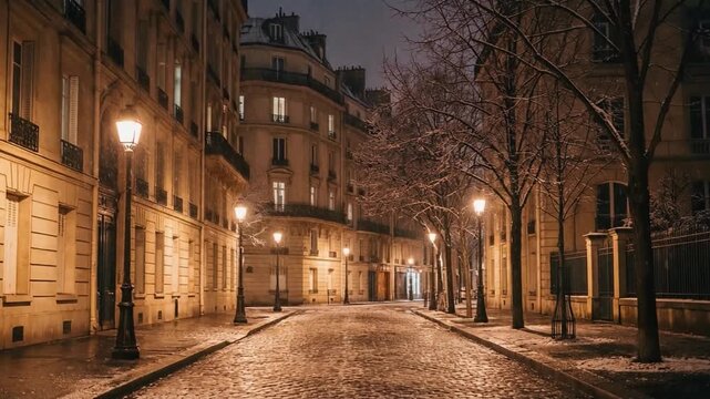A quiet Parisian street at night with glowing streetlights and classic architecture, creating a calm, romantic, and timeless European city atmosphere.