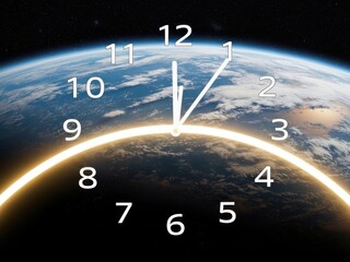 A clock face superimposed on the earth from space with a white background and numbers