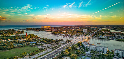 aerial view of Jupiter Inlet at sunset