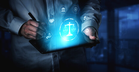 Futuristic digital law interface displaying justice scale, highlighting digital law, AI compliance, digital law systems, and digital law regulations for secure governance. Spline