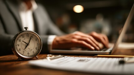 Businessman working on laptop with clock and documents demonstrating time management and productivity, enhancing business planning and task prioritization skills