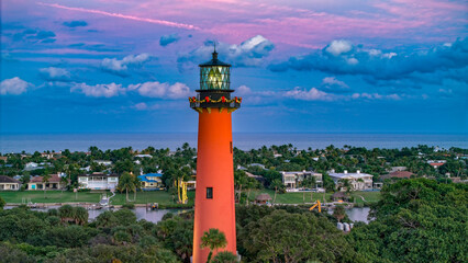 aerial view of Jupiter Inlet lighthouse with XMAS decoration
