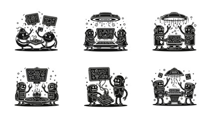 Obraz premium Set of black and white cartoon robots working with advanced technology and discussing solutions to complex problems under alien supervision