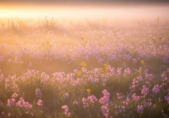 Misty Morning Meadow with Wildflowers Bathed in Golden Sunlight
