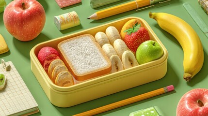 Prepared lunchbox with healthy food and school supplies arranged on green background showcases nutrition and education