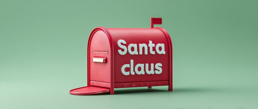 Santa mailbox on green background. Red postbox with open door and raised flag, white &ldquo;Santa claus&rdquo; text on the side, isolated on pastel green backdrop, concept of Christmas letters and holiday wishes.