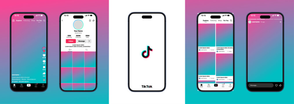 TikTok mobile application interface displayed on smartphones featuring profile overview video grid foryou feed editing tools and colorful modern social media design
