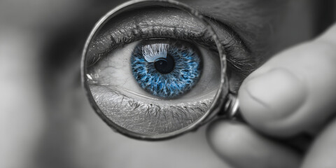 Hand holding magnifying glass examining blue eye minimalist