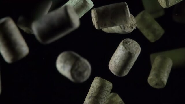 Soaring Wine Corks in Three Versions. Set of three videos. Wine corks in large quantity in the air slowly stuck on a black background