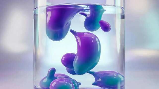 3D animation of viscous fluid droplets merging and moving in clear water. Abstract scientific or artistic background with organic shapes inside glass container. Seamless loop of colorful lava lamp eff