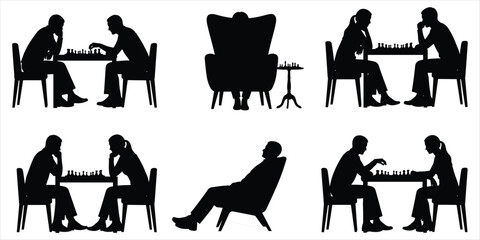 Chess Player Silhouettes In Various Poses On White Background game strategy