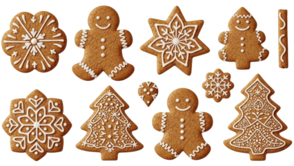 Collection of decorated gingerbread cookies, Christmas desserts with white icing, cut out, stock png, isolated on transparent background