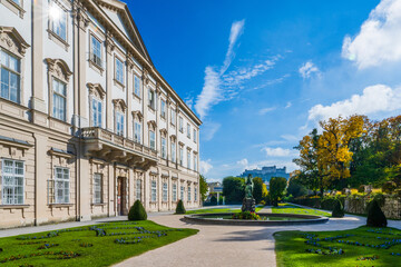 Mirabell Gardens in the city of Salzburg with Fortress Hochensalzburg, Austria