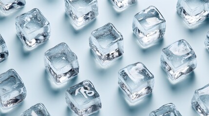 Minimal Pattern of Crystal Clear Ice Cubes on Light Blue Background, Clean, Modern, and Refreshing Visual Concept