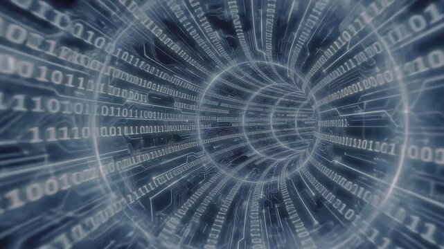 Futuristic technology background with blue binary code vortex. 3D animation of zero and one numbers streaming in a digital tunnel. Seamless loop concept of high-speed internet connection, big data tra