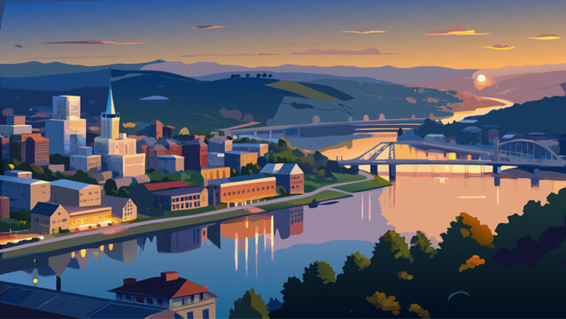 Very beautiful aerial view of Wheeling, West Virginia at dusk, featuring the Ohio River glowing softly, city lights reflecting on calm water, and a serene urban landscape from high perspective.
