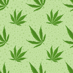 Vector seamless pattern with many small cannabis leaves and bright large leaves on a light green background, suitable for cbd, medical, packaging, textile, and branding use.