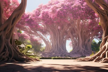 Giant pink banyan tree in the park with city view