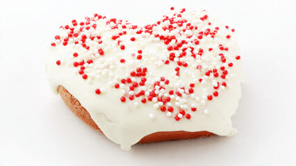 Heart shaped donut with white icing and red sprinkles