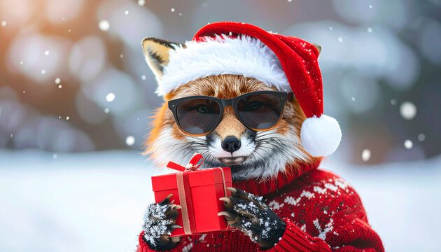 Cool fox wearing Santa hat and sunglasses holding a red gift box in the snow, Christmas and winter holiday concept.