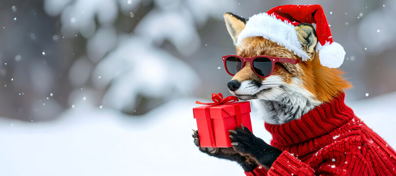 Cool fox wearing Santa hat and sunglasses holding a red gift box in the snow, Christmas and winter holiday concept.