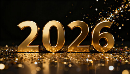 Golden 2026 numerals glitter with scattered confetti on a reflective surface and dark background offering ample space for text or overlays for holiday and New Year designs