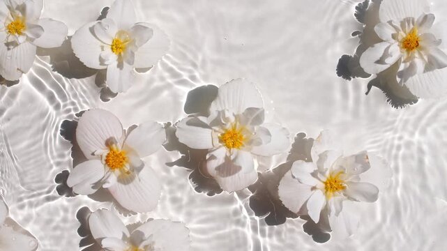 White Jasmine, Chamomile flowers on water surface waves on White background. Water splash. Pure water with reflections sunlight and shadows. Valentines day texture. . High quality 4k footage