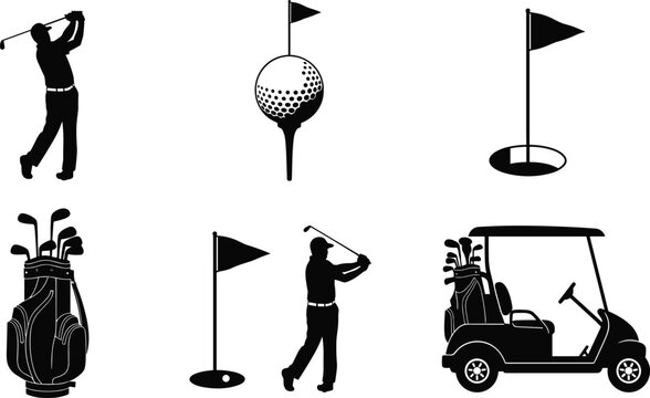 Silhouette icons of golf elements including players, ball, cart, and bag Keywords: golf, golfer, golf ball, golf club, golf bag